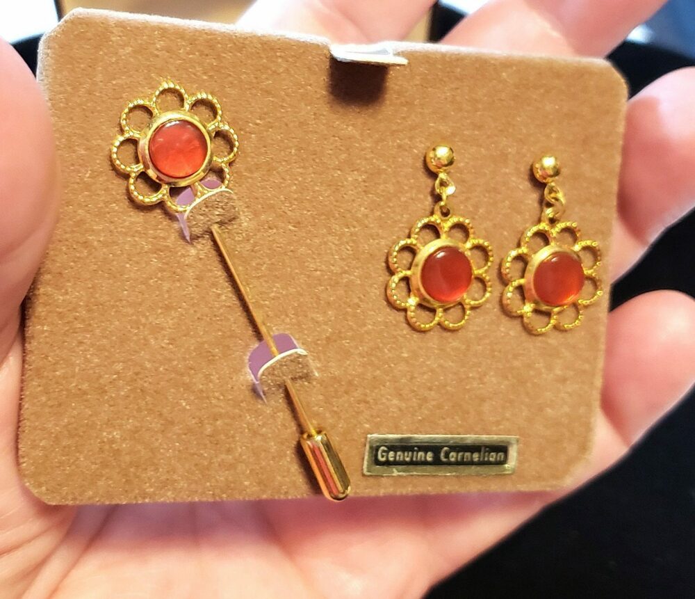 Carnelian Earrings & Stick Pin Pierced Flower Earrings Vintage Jewelry Set js-